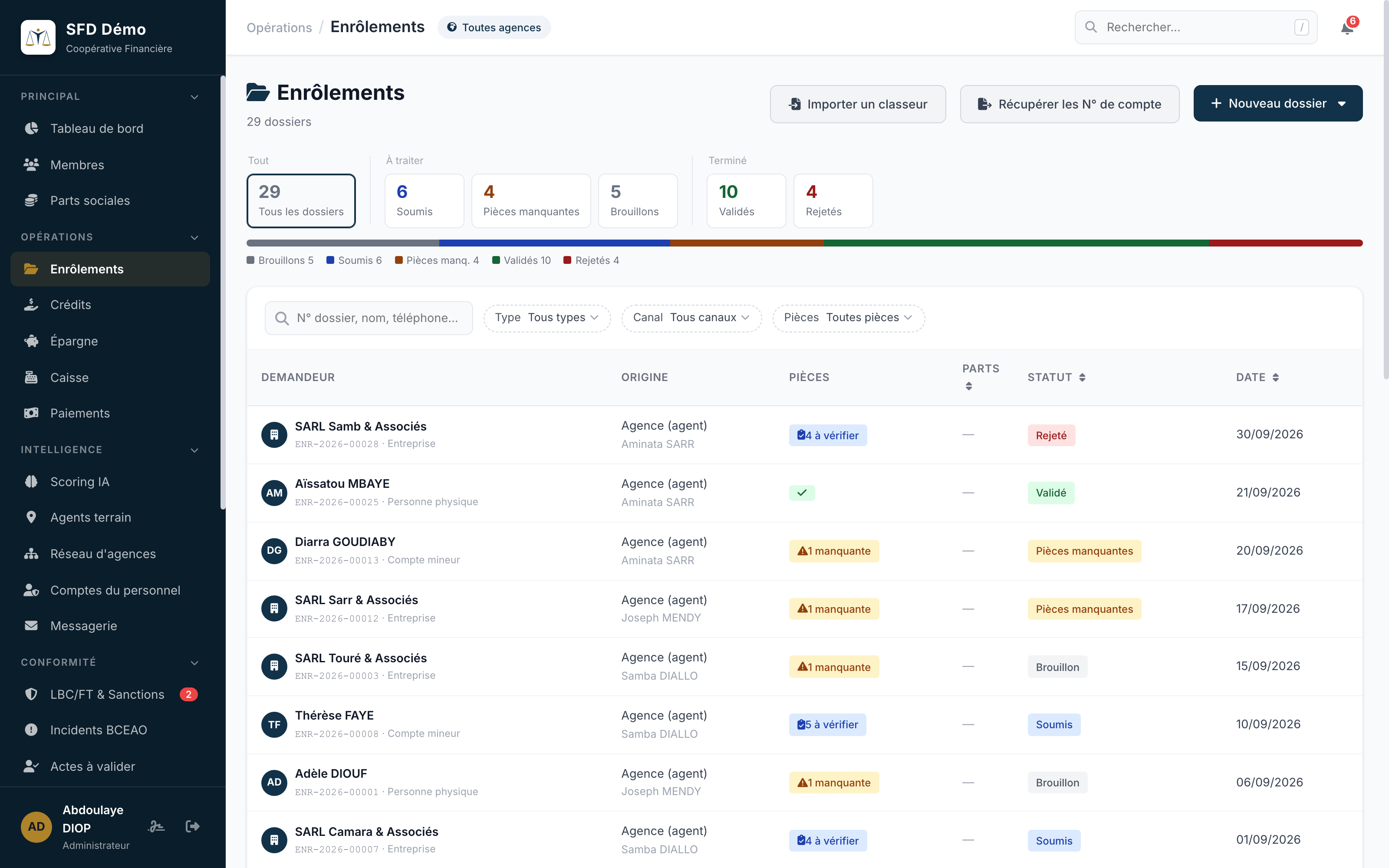 Suivi des dossiers d'enrôlement dans le back-office